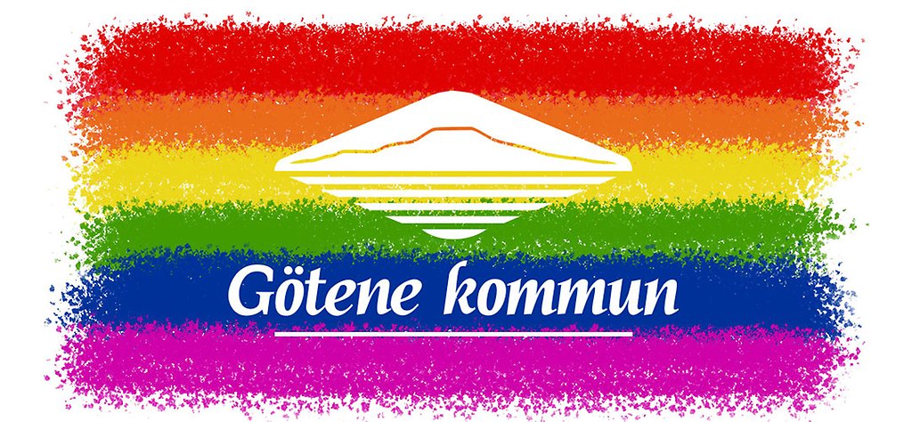 Prideflagga med Götenes kommunlogotyp i vitt framför.