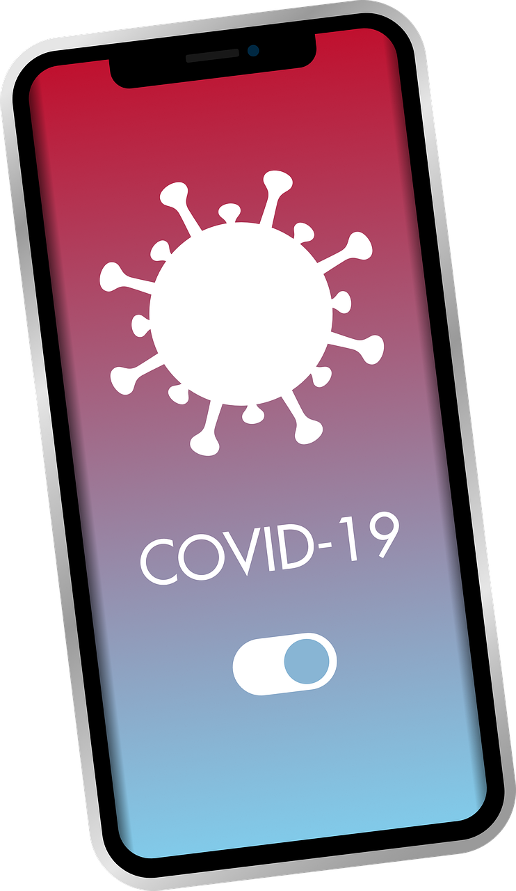 En mobiltelefon, på skärmen syns en illustration av ett coronavirus och under står texten COVID-19.