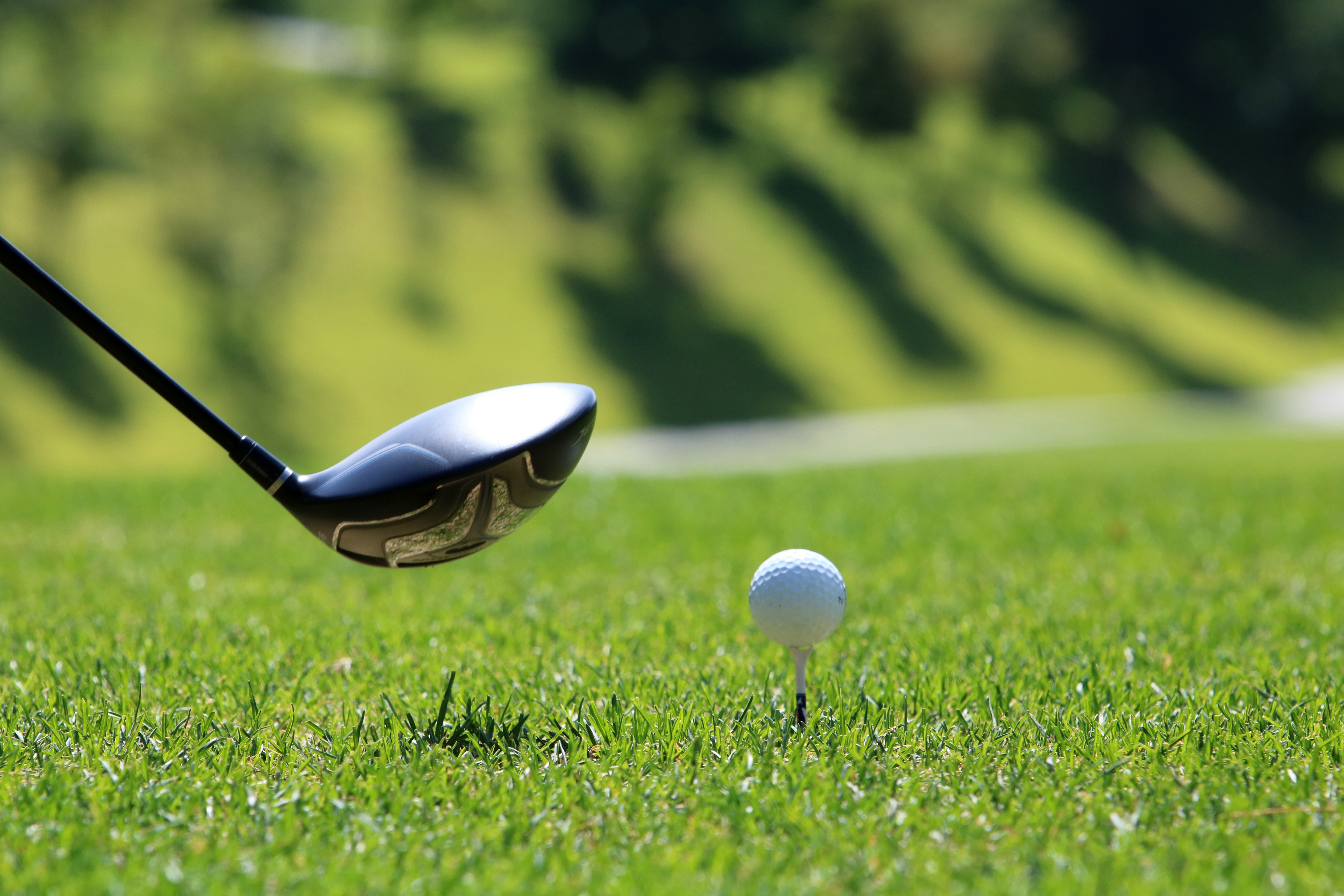 Bakgrunden är grönt gräs med en vit boll som ligger på en golfpeg.