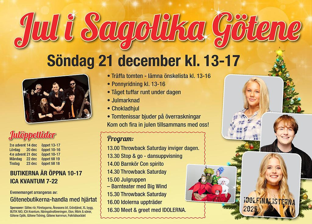 Jultomte framför snöklädd gran med förväntansfulla barn omkring sig.