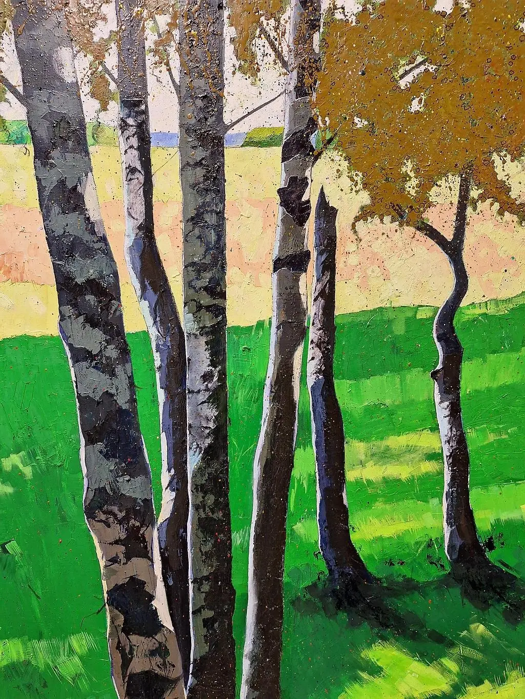 Foto på en målning som föreställer grönt gräs och björkar.