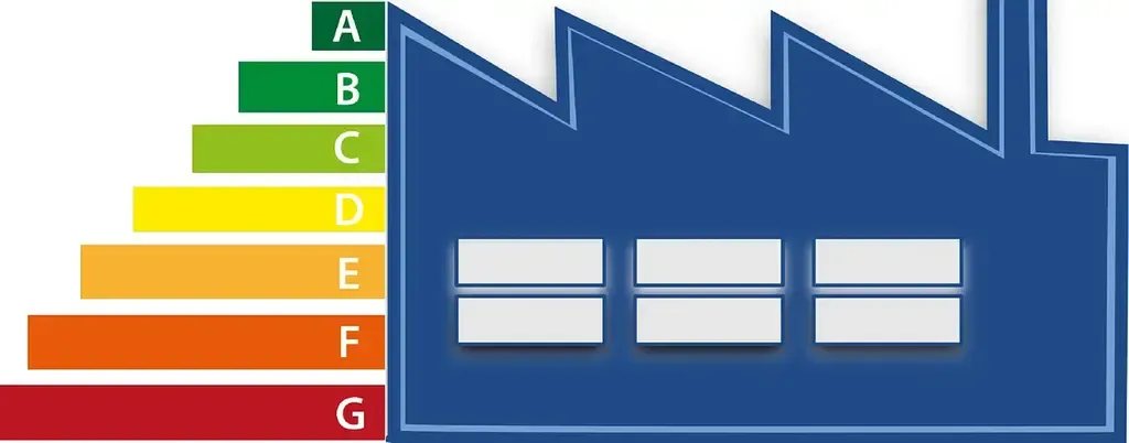 Illustration av en industribyggnad med energiförteckning vid sidan om.