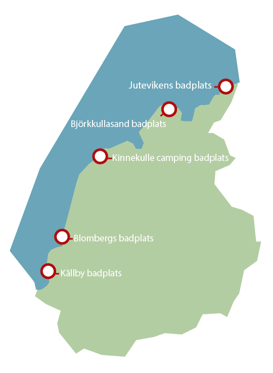 En översiktskarta över de olika badställen som kommunen erbjuder längs Vänern. 