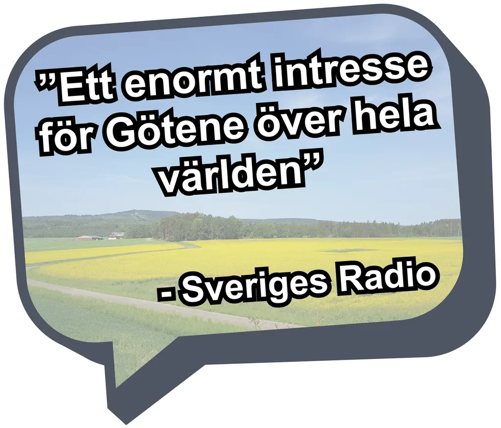 En pratbubbla med citatet "Ett enorm intresse för Götene över hela världen" från Sveriges Radio.