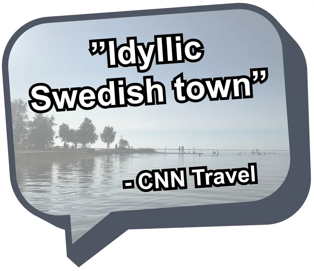 Pratbubbla med citatet "Idyllic Swedish town" av CNN Travel