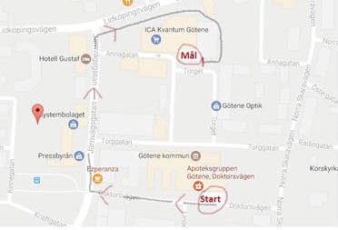 Karta över Götene centrum. Rött sträck som visar paradens gång - från Solbacken till Ica Kvantum. 