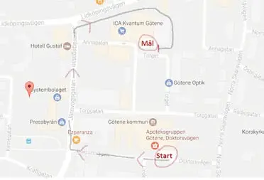 Karta över Götene centrum. Rött sträck som visar paradens gång - från Solbacken till Ica Kvantum.