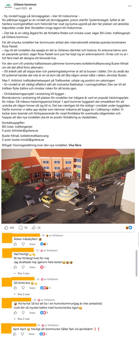 Skärmdump på inlägg från Facebook med tillhörande kommentarer om ett aprilskämt om ett rondellbygge på Järnvägsgatan i Götene. 