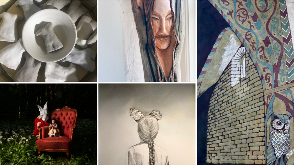 Collage av fem konstverk från årets utställare i Sommarsalongen