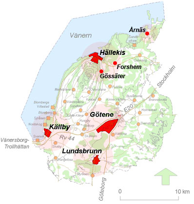 Karta över byggnadsklara tomter som ligger i tätorterna Götene, Källby, Lundsbrunn,Hällekis, Forshem, Gössäter och Årnäs.