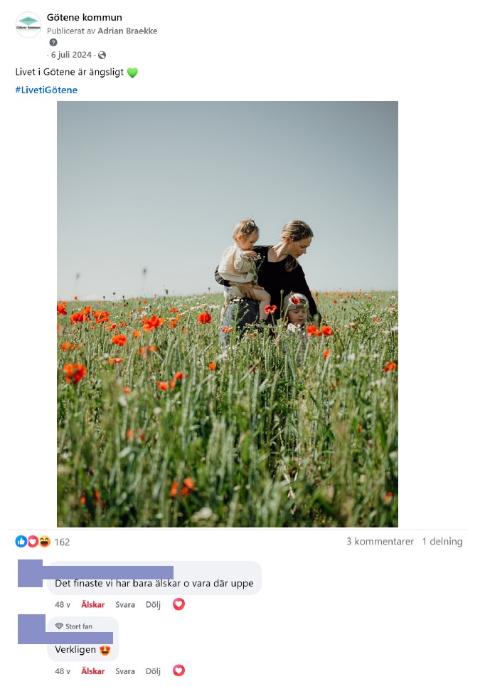 Skärmdump på inlägg från Facebook med en bild på en kvinna som bär ett barn på en äng av vallmo, med inläggstexten "Livet i Götene är ängsligt". 