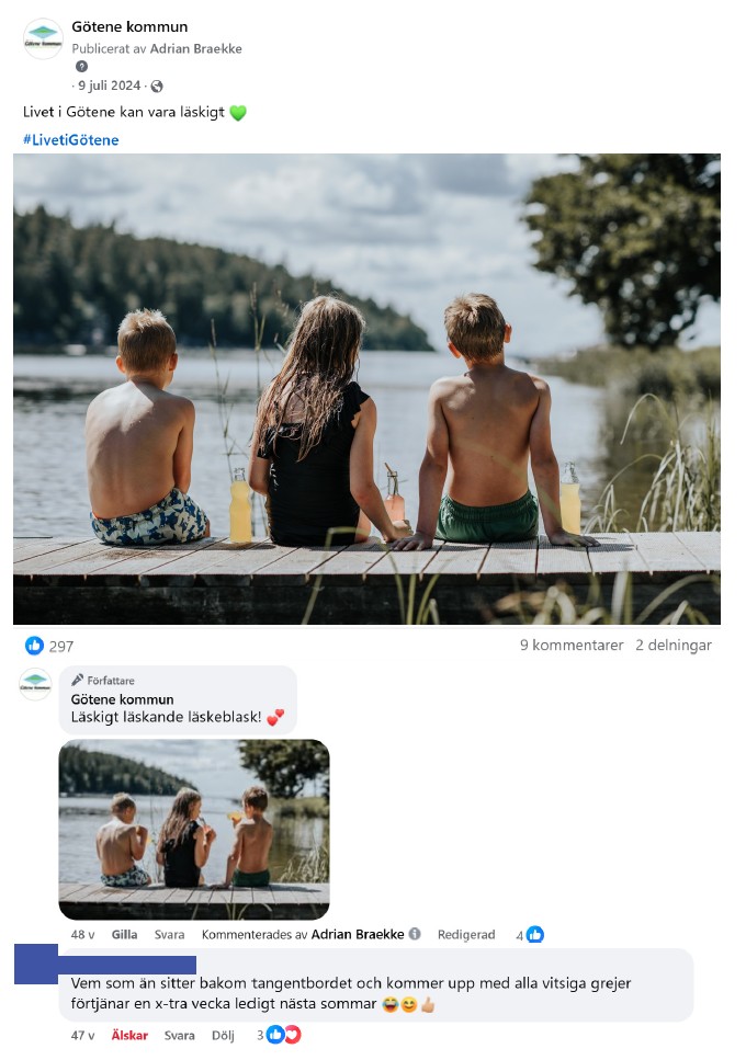 Skärmdump på inlägg från Facebook med en bild på tre barn som sitter på en brygga och dricker läsk, med inläggstexten "Livet i Götene kan vara läskigt".