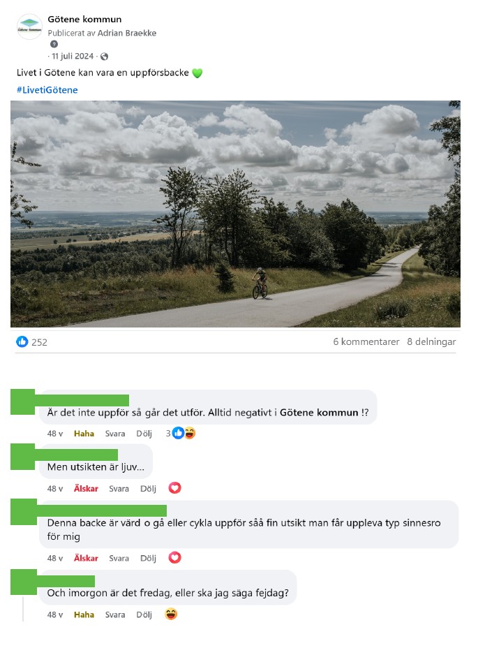 Skärmdump från inlägg på Facebook med en bild på en person som cyklar upp för en uppförsbacke i vacker miljö med inläggstexten "Livet i Götene kan vara en uppförsbacke". 