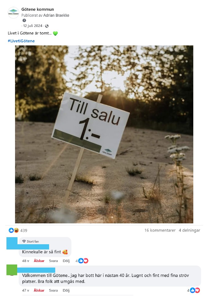 Skärmdump från inlägg på Facebook med bild på en skylt som står nedstycken i sand med texten "Till salu, 1 krona" med inläggstexten "Livet i Götene är tomt...".