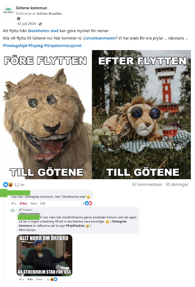 Skärmdump på inlägg på Facebook med bild på Gripsholmslejonet samt på ett lejon som ligger och njuter framför Utsiktstornet, med inledande inläggstext "Att flytta från Stockholm kan göra mycket för nerverna".