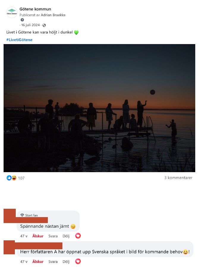 Skärmdump på inlägg på Facebook med en bild som badar vid en brygga i skymning, med inläggstexten "Livet i Götene kan vara döljt i dunkel". 
