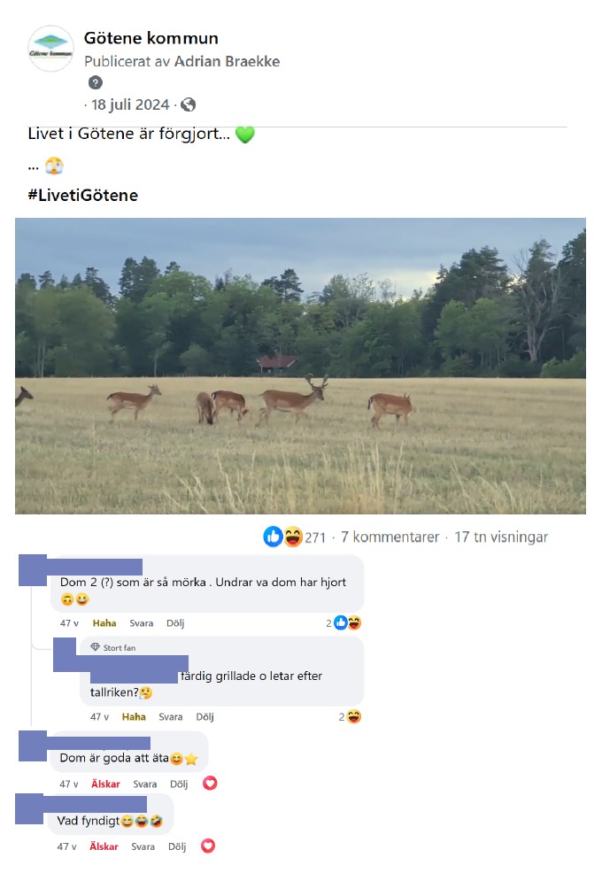 Skärmdump på inlägg från Facebook med en bild på hjortar som betar på en äng med inläggstexten: "Livet i Götene är förgjort".