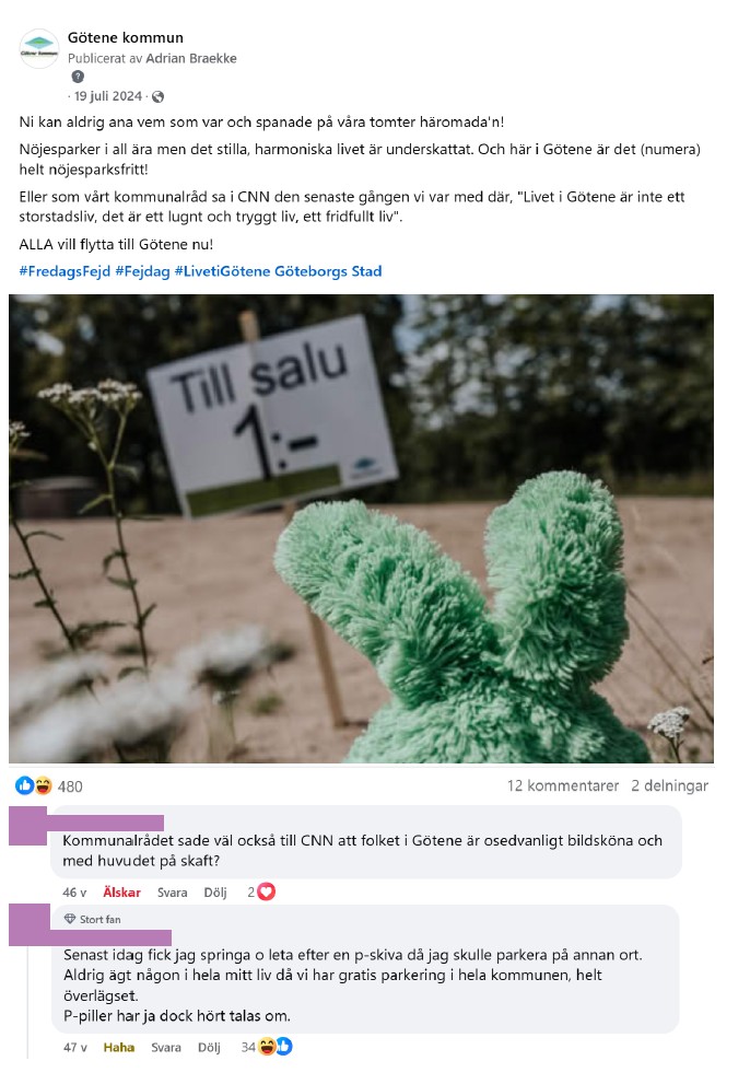 Skärmdump från inlägg på Facebook med en bild på två gröna öron som sticker upp vid en till-salu-skylt med inledande inläggstext: "Ni kan aldrig ana vem som var och spanade på våra tomter häromada'n".