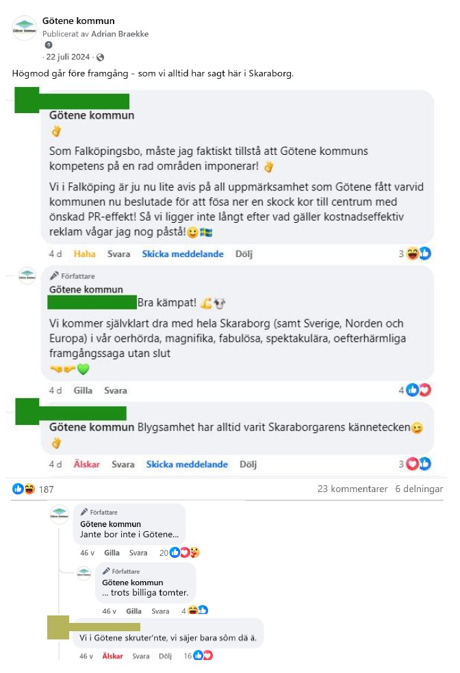 Skärmdump på inlägg från Facebook med inläggstexten "Högmod går före framgång - som vi alltid sagt här i Skaraborg".