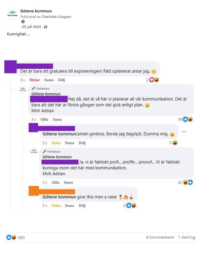 Skärmdump på inlägg från Facebook med inläggstexten "Kunnighet" och bilder på konversation i kommentarsfältet. 