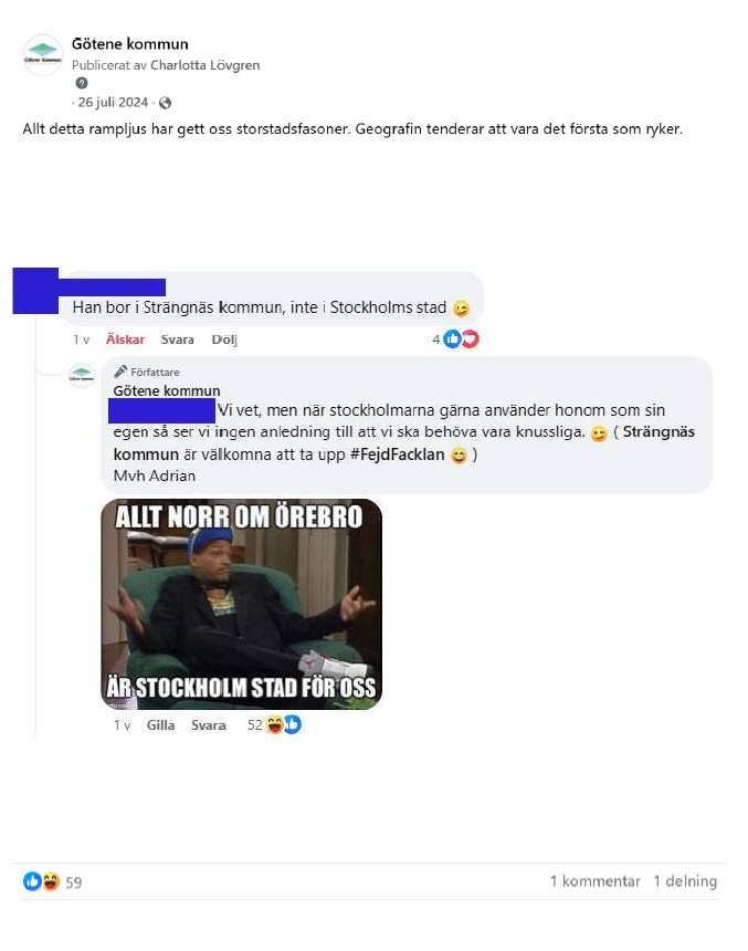 Skärmdump på inlägg från Facebook med inläggstexten "Allt detta rampljus har gett oss storstadsfasoner. Geografin tenderar att vara det första som ryker."