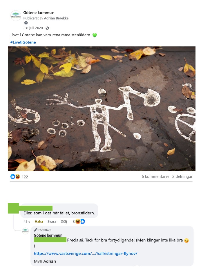 Skärmdump på inlägg från Facebook med bild på hällristningarna vid Flyhov och inläggstexten: "Livet i Götene kan vara rena rama stenåldern."