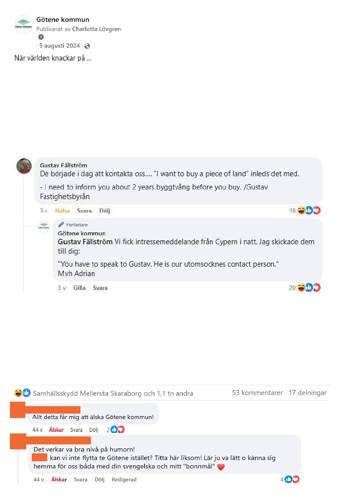 Skärmdump från Facebook med inläggstexten "När världen knackar på" och med bild på en konversation mellan Gustav och Götene kommun där Gustav utnämns till utomsocknes contact person. 