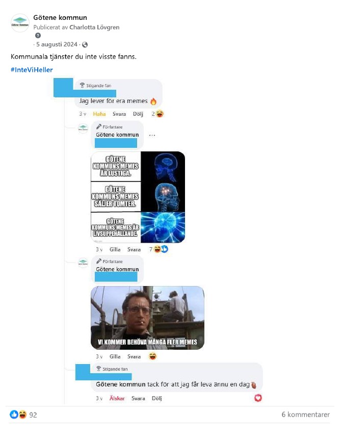 Skärmdump från Facebook med inläggstexten "Kommunala tjänster du inte visste fanns. #InteViHeller" med bild på kommentarer och memes.