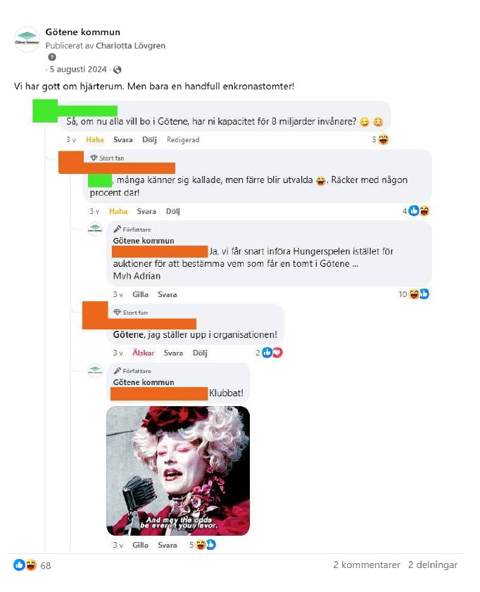Skärmdump från Facebook på inlägg med inläggstexten "Vi har gott om hjärterum. Men bara en handfull enkronastomter." och bild på en konversation i kommentarerna. 