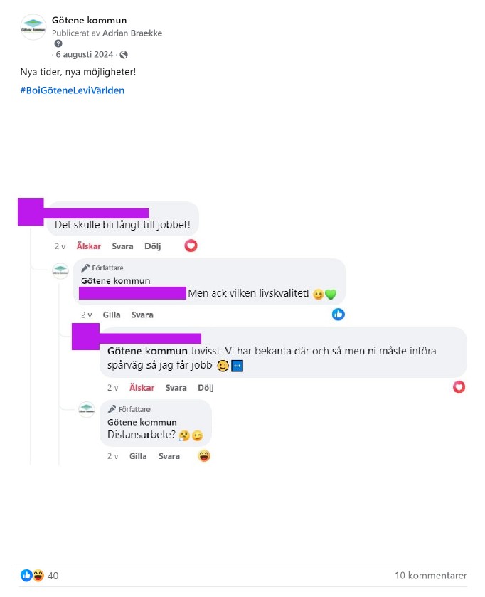 Skärmdump från Facebook på inlägg med texten "Nya tider, nya möjligheter" med bild på en konversation i kommentarerna om distansarbete i Götene.