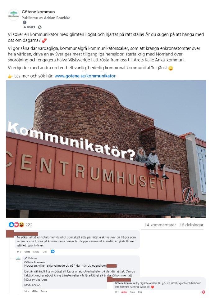 Man och kvinna sitter på ett tak där det står Centrumhuset på taket och med texten "Kommunikatör?" inklistrat bredvid.