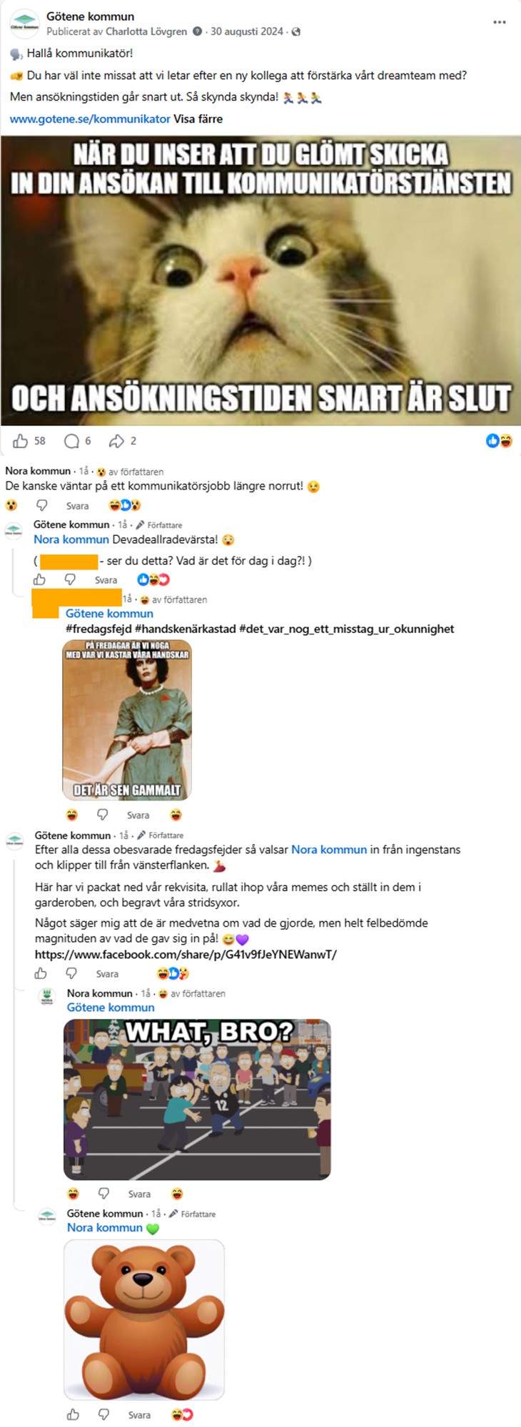 Skärmdump på inlägg på Facebook med en meme på en katt som ser skräckslagen ut med texten "När du inser att du har glömt skicka in din ansökan till kommunikatörstjänsten och ansökningstiden snart är slut."
