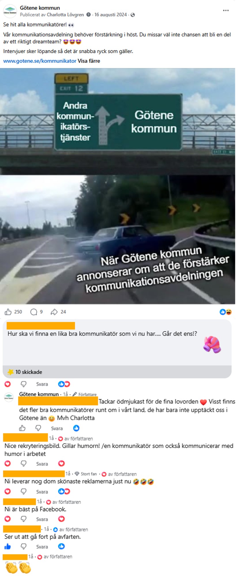 Skärmdump på inlägg på Facebook med en bild på en bil som i sista sekunden svänger av på en avfart på motorvägen med texten "När Götene kommun annonserar om att de förstärker kommunikationsavdelningen".