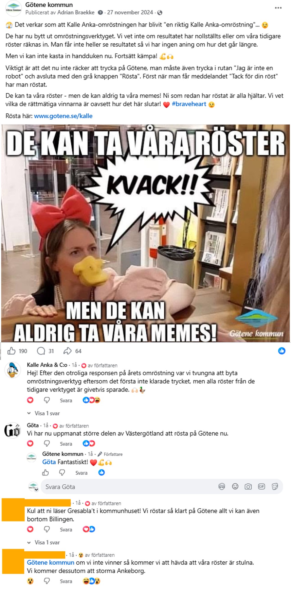 Skärmp på meme från Facebook med en kvinna utklädd till Kajsa Anka som drämmer näven i bordet med texten "De kan ta våra röster, men de kan aldrig ta våra memes".