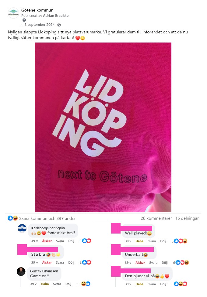Skärmdump på inlägg på Facebook med bild på en t-shirt med texten "Lidköping" på bröstet. Under är det dittryckt "Next to Götene". 
