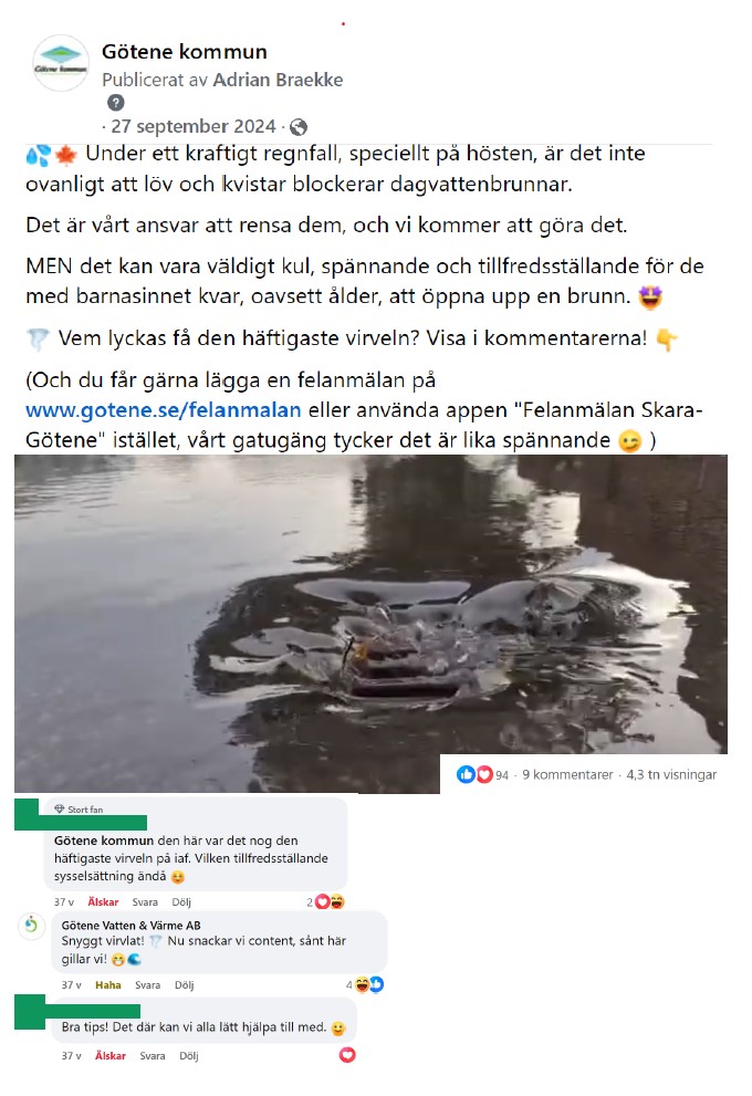 Skärmdump på inlägg från Facebook med bild på en vattenvirvel som uppstått vid en dagvattenbrunn. 