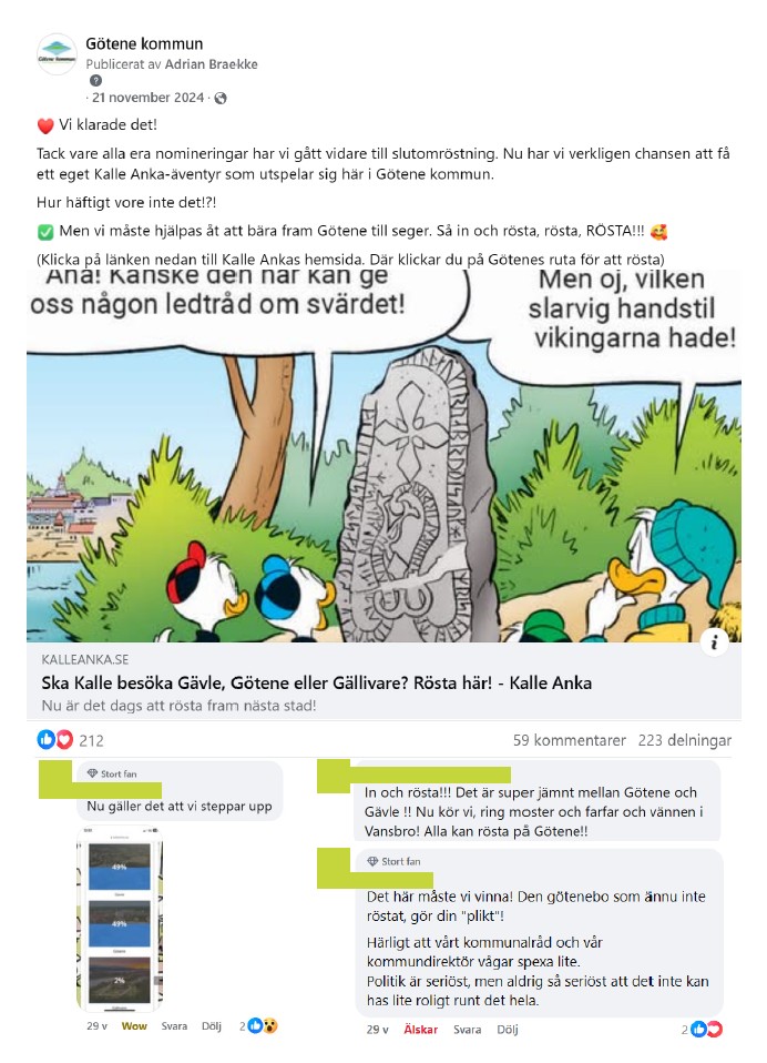 Skärmdump på inlägg från Facebook med bild på en seriestrip från Kalle Anka-tidningen med inledande inläggstext "Vi klarade det". 