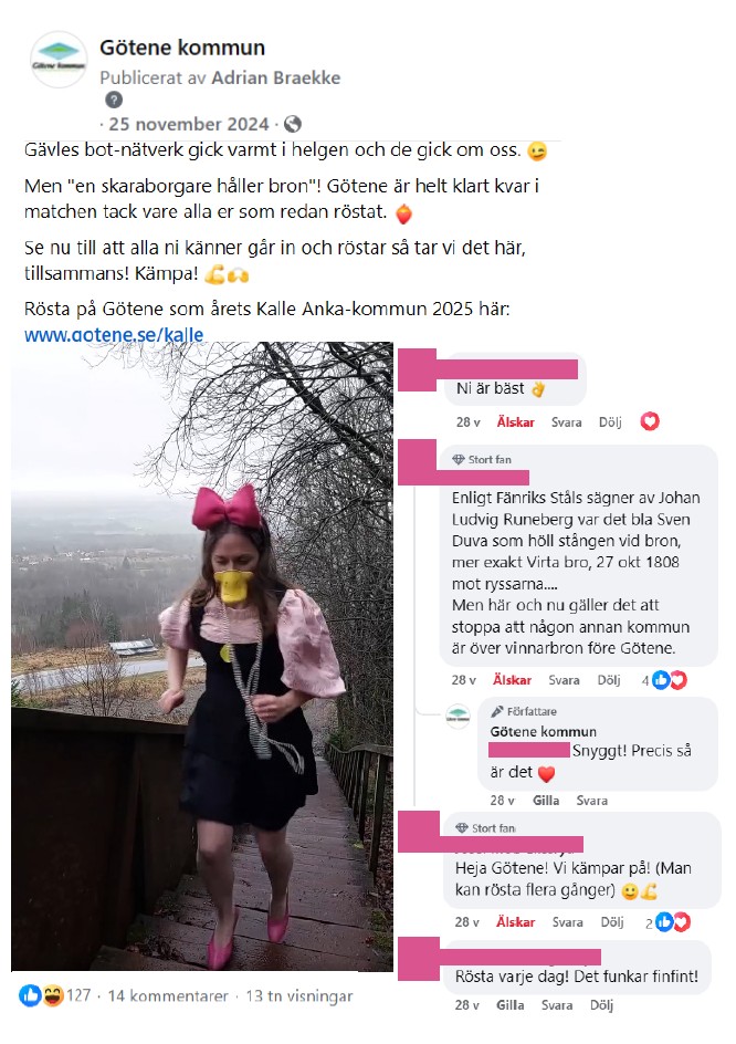 Skärmdump på inlägg från Facebook med bild på kvinna utklädd till Kajsa Anka som springer uppför trappan vid högkullen, med inledande inläggstext "Gävles bot-nätverk gick varmt i helgen och de gick om oss. Men en skaraborgare håller bron! Götene är helt klart kvar i matchen tack vare alla er som redan röstat."