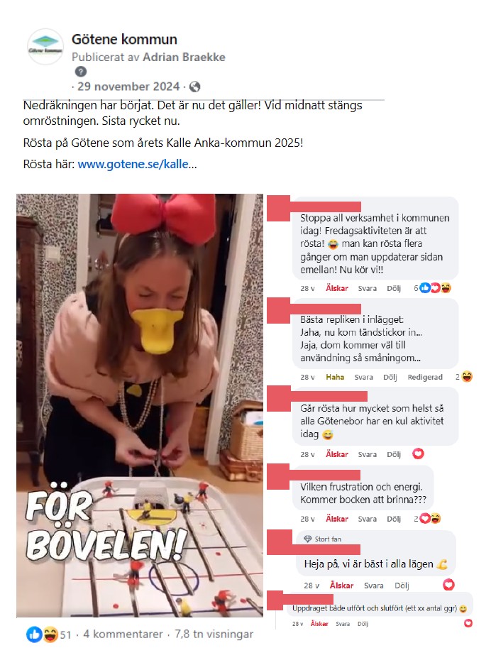 Skärmdump med inlägg från Facebook med bild på en kvinna utklädd till Kajsa Anka som spelar ett bordshockeyspel med inledande inläggstext "Nedräkningen har börjat. Vid midnatt stängs omröstningen."