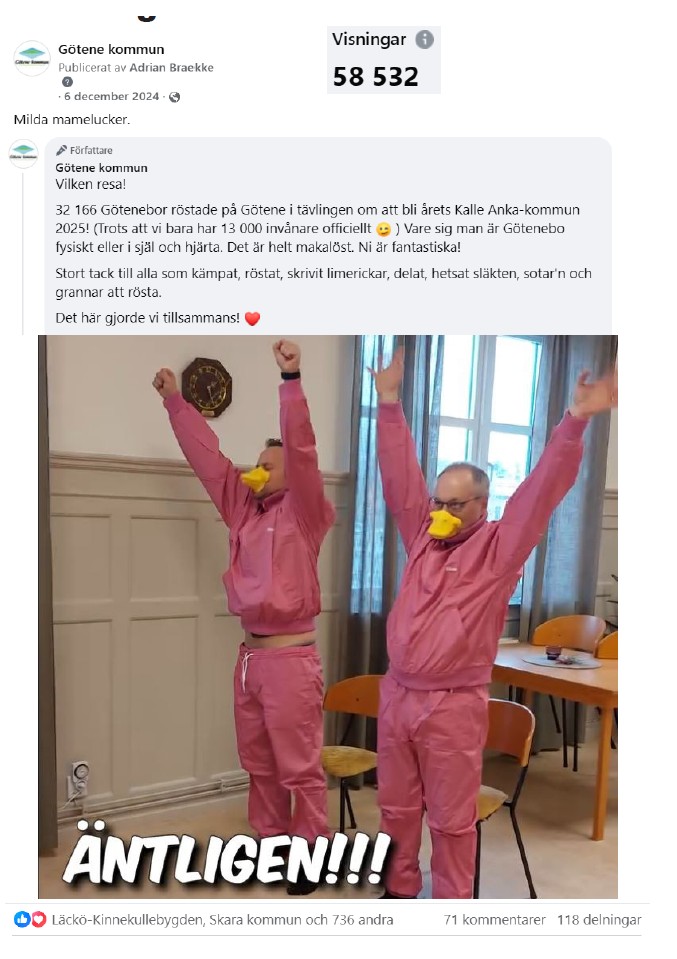 Skärmdump på inlägg från Facebook med bild på två män i rosa träningsoveraller och anknäbbar med texten "Äntligen!".
