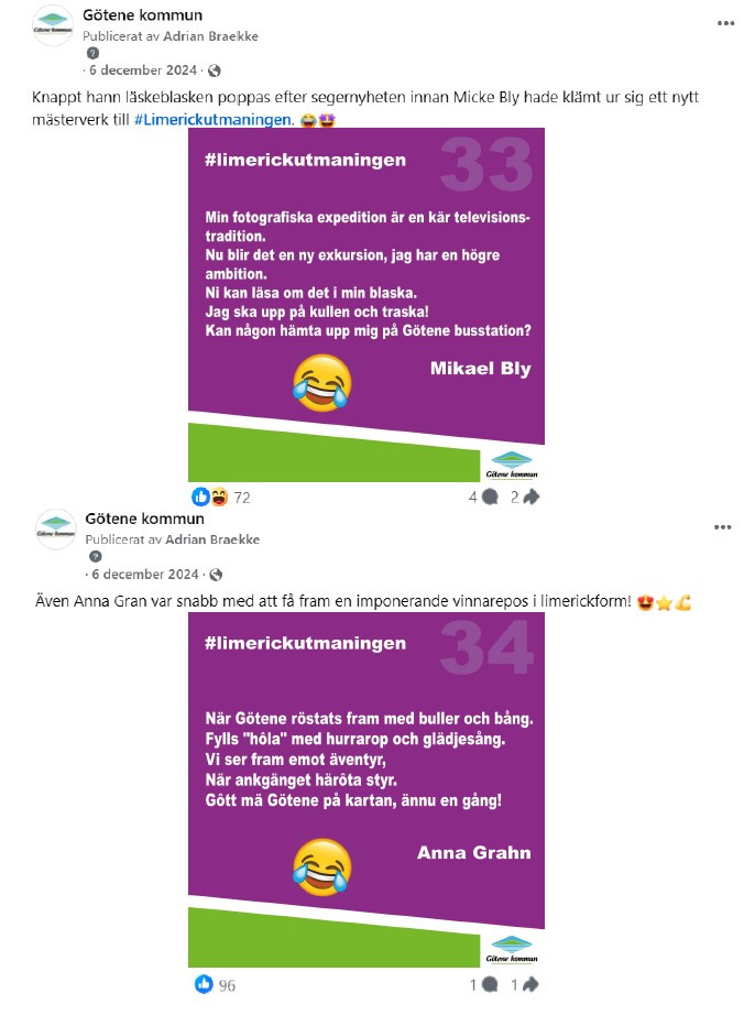 Skärmdump på två inlägg från Facebook med limerickar. 