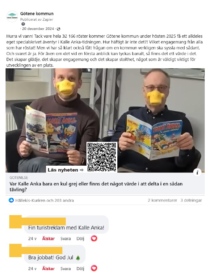 Skärmdump på inlägg från Facebook med bild på tvä män som läser Kalle Anka-tidningar iklädda anknäbbar med rubriken "Var Kalle Anka bara en kul grej eller finns det något värde i att delta i en sådan tävling?".