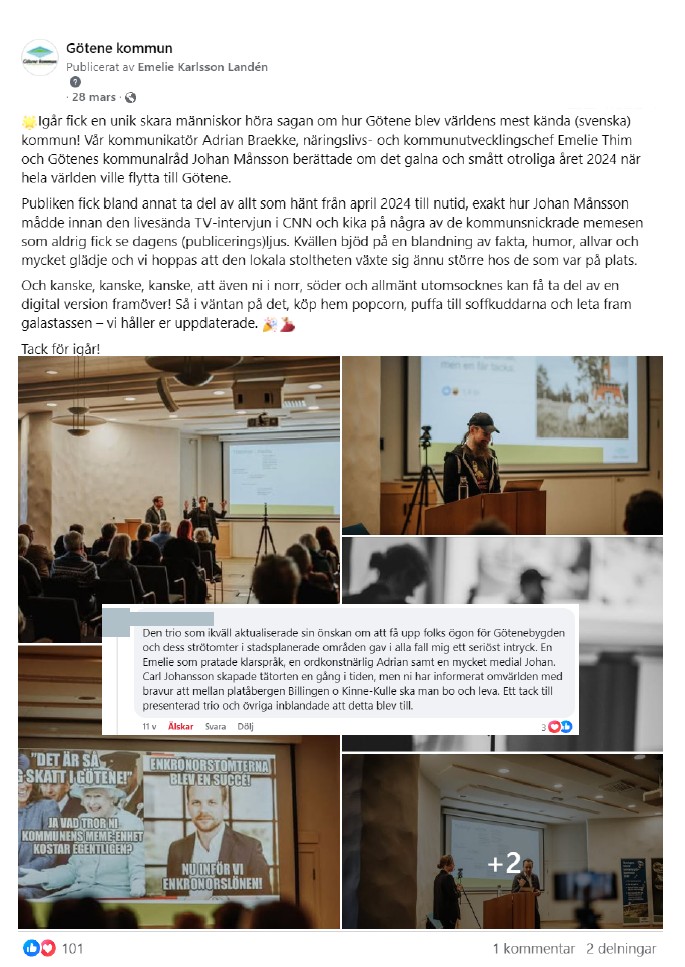 Skärmdump på inlägg från Facebook med bilder från en föreläsning och med inledande inläggstext: "Igår fick en unik skara människor höra sagan om hur Götene blev världens mest kända (svenska) kommun. "