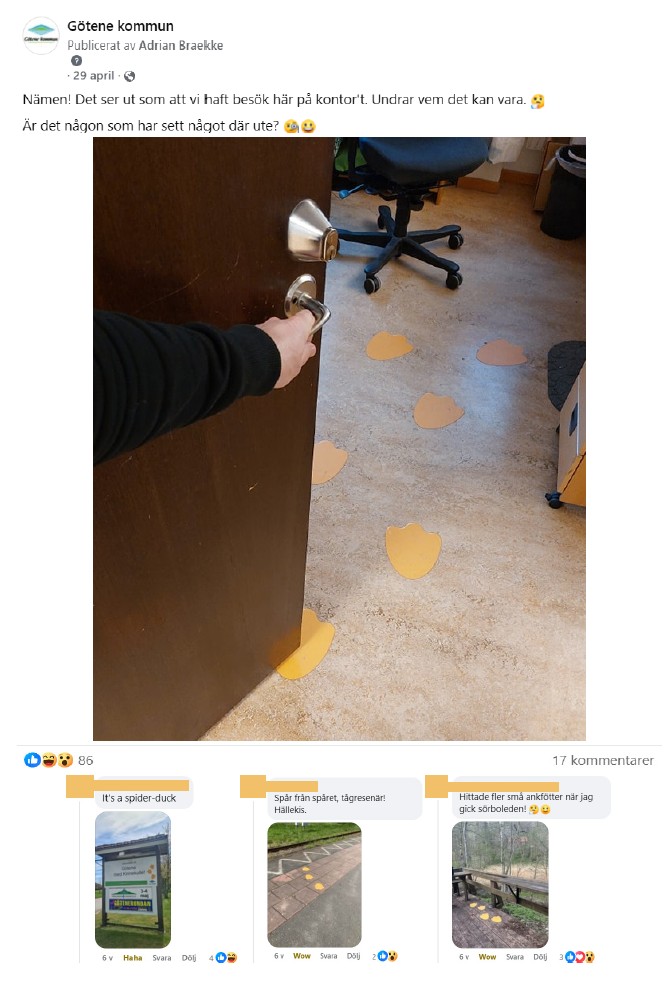 Skärmdump på inlägg från Facebook med bilder på orangea fotspår från en stor anka på ett kontorsgolv men inledande inläggstext "Nämen! Det ser ut som att vi har haft besök på kontor't!".