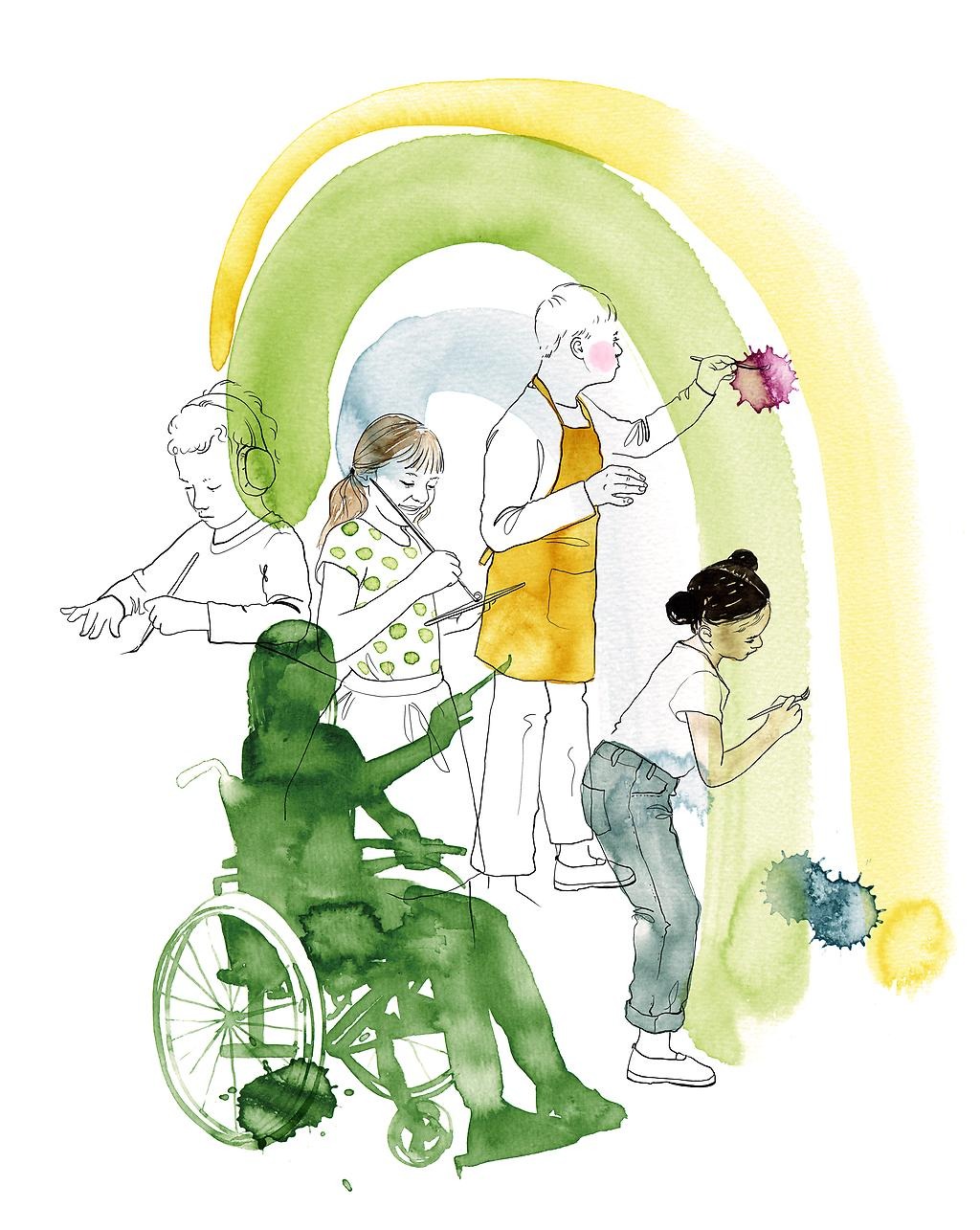 Illustration med fem barn som tillsammans målar en regnbåge i färgerna gult, grönt och blått