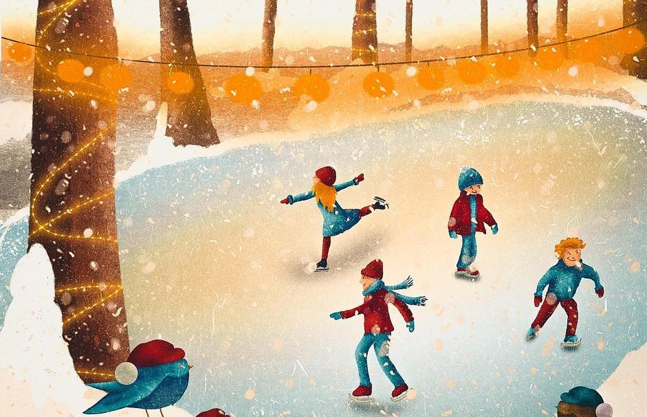 Målad bild av barn som åker skridskor på en sjö.