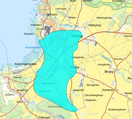 Karta över Källby med markering 