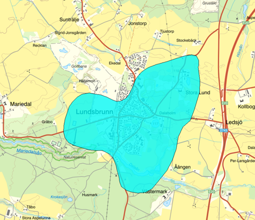 Karta över Lundsbrunn med markerad yta