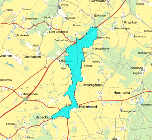 Karta över Holmestad med markerad yta. 