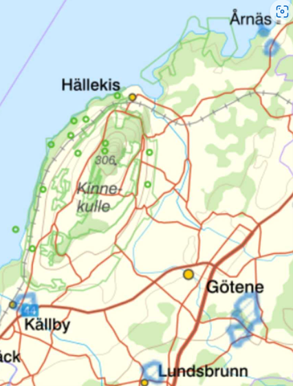 Karta över Götene, Lundsbrunn, Källby, Hällekis och Årnäs med markerade områden vid de nämnda orterna